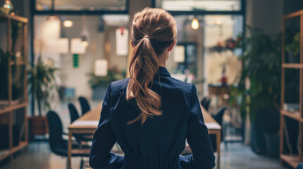 Back photo of of businesswoman in suits taken from behind on a blurred office background. Concept of business, finance, professional, profession, occupation, employee, boss, employer - obrazy, fototapety, plakaty