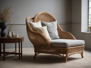 Cozy, inviting scene unfolds, showcasing beautifully crafted wicker chair adorned with plush cushions, basking in soft glow of natural light filtering through nearby window.