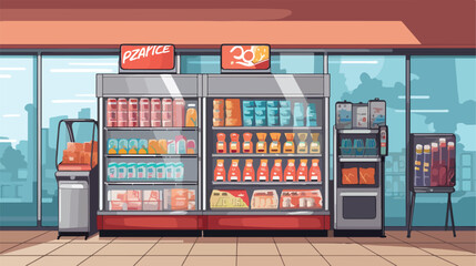 Racks with merchandise in convenience store .. 2d flat