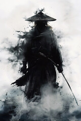 Obraz premium Shadowy Travels of a Solitary Ronin Warrior Amid the Mystic Mist and Smoke