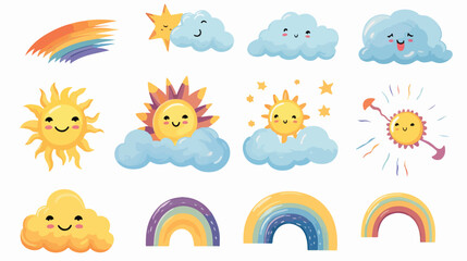 Rainbow clouds and sun set of cartoon characters li - obrazy, fototapety, plakaty