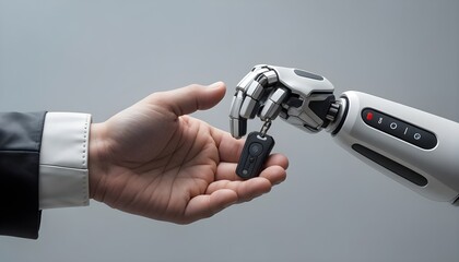 A human hand passing a car key to a robotic hand against a neutral grey backdrop