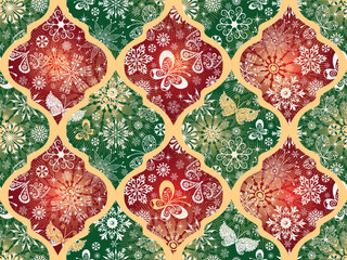 Winter Christmas seamless pattern with rhombuses red, green and goldenl colors with snowflakes and butterflies. Vector image