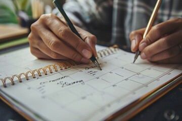 A person sitting at a table, writing with a pen on a notebook