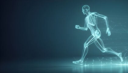 Fototapeta na wymiar Exploring orthopedic technology: an x-ray interface displaying a graphic of a running figure with highlighted bones and joints, showcasing advancements in orthopedic care
