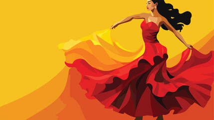 Redyellow image of flamenco dancer 2d flat cartoon - obrazy, fototapety, plakaty
