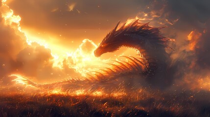 A dragon's silhouette framed by a burst of sunlight, creating a dramatic contrast against the...
