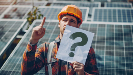 A PV installer with solar panels and question mark poster.