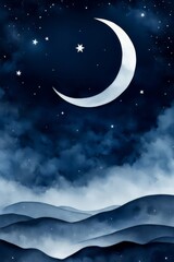 Minimalist lunar landscape, moon and stars watercolor painting, illustration nightscape dreamy fantasy, blue, hazy fog, vertical portrait orientation