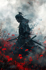 Naklejka premium Solitary Samurai Confronts Undead Foes in Cinematic Watercolor Battle