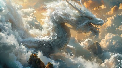A dragon coiling in mid-air, its sinuous body weaving through the fluffy clouds with fluidity and...