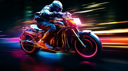 Motorcyclist riding a motorcycle with neon lights on a dark background