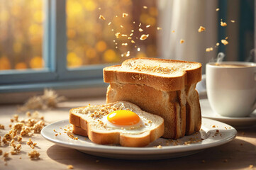Plate with stack of tasty crispy toast bread sandwiches, fried egg and coffee for morning breakfast or brunch