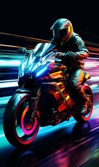 Motorcyclist riding a motorcycle with neon lights on a dark background