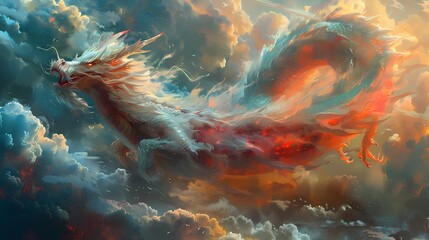 A dragon coiling in mid-air, its sinuous body weaving through the fluffy clouds with fluidity and...