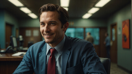 Fototapeta premium Smiling handsome Caucasian Business man sitting in the office, having interview conversation wearing red tie and blue suit