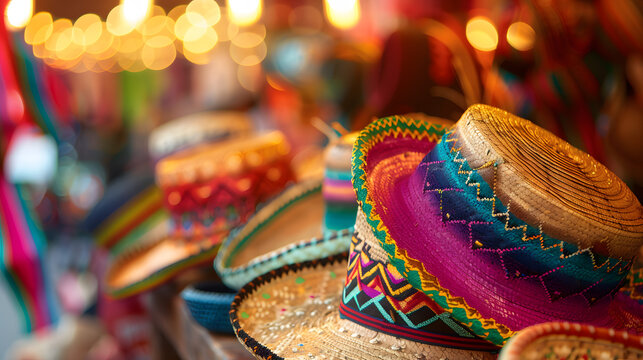 A collection of colorful hats with a bright and lively atmosphere
