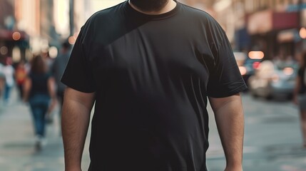 perfect design tshirt mockup , plus sized man wearing a blank black t-shirt, busy street in the background