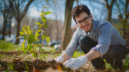 Young businessman planting trees.