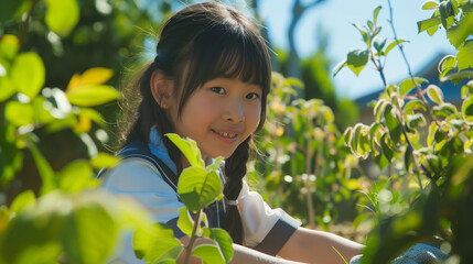 Young Asian child handling green plants.