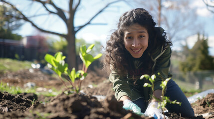 Young girl planting trees.