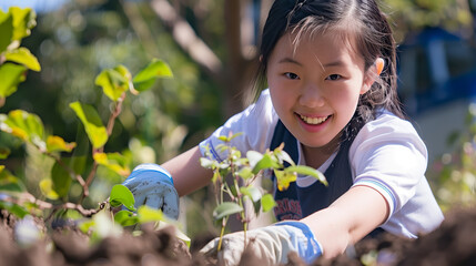Young Asian child handling green plants.