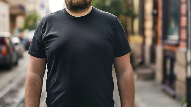 perfect design tshirt mockup , plus sized man wearing a blank black t-shirt, busy street in the background