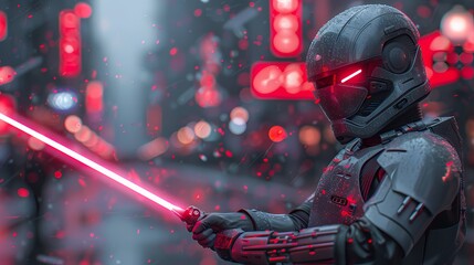 A futuristic cyborg samurai, adorned in sleek silver armor, brandishing a glowing energy sword against a backdrop of neon-lit city streets