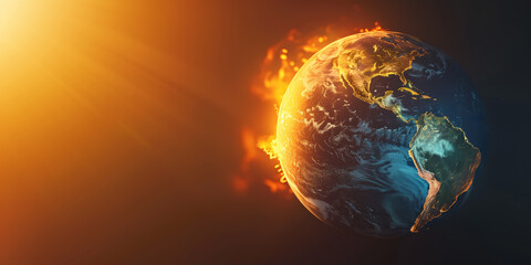 Earth globe burning into flames, the world destroyed by fire, conceptual illustration of global warming, temperature increase, extreme heat and climate change disaster
