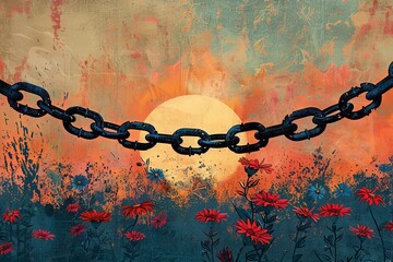 This artwork embodies Juneteenth's essence, portraying chains breaking against a sunrise backdrop - obrazy, fototapety, plakaty