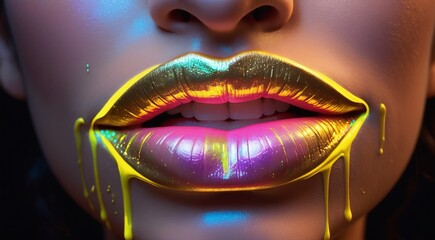 Female lips in gold paint close-up - obrazy, fototapety, plakaty