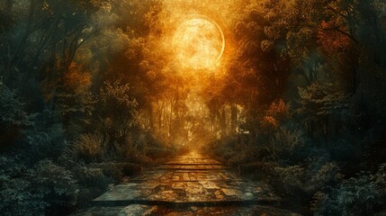 Full Moon Over Misty Forest Pathway