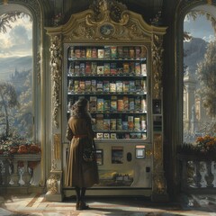 Woman Choosing Snack from Ornate Vending Machine