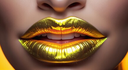 Female lips in gold paint close-up - obrazy, fototapety, plakaty