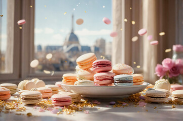 French macarons cookies on the table with French city in the background. Many colorful pastel colored macarons