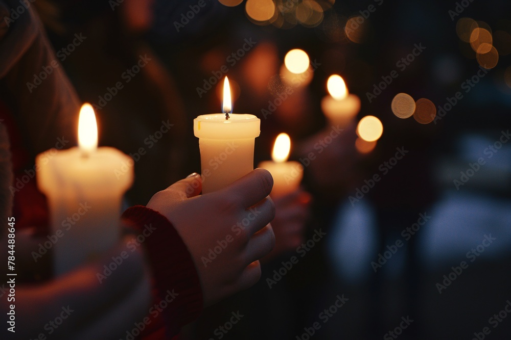 Wall mural a group of individuals holding lit candles in their hands during a ceremony or vigil