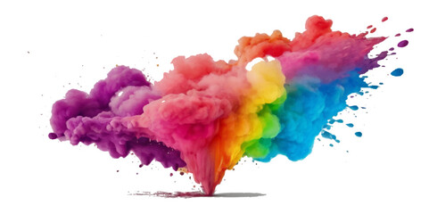Multicolored rainbow explosion of cloud powder paint holi decoration isolated on transparent background. Vector abstract colorful rainbow holi paint festival background.
