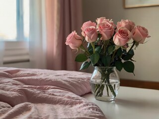  A classic still life composition featuring a bouquet of vibrant red roses elegantly arranged in a glass vase,