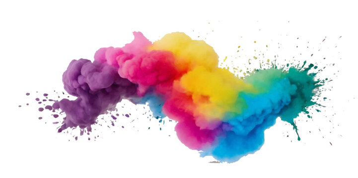 Vector colorful vibrant rainbow, smoke and cloud holi paint color powder explosion with bright colors isolated  on transparent background. Multicolored explosion of rainbow powder paint holi festival 