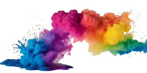 Vector colorful vibrant rainbow, smoke and cloud holi paint color powder explosion with bright colors isolated  on transparent background. Multicolored explosion of rainbow powder paint holi festival 