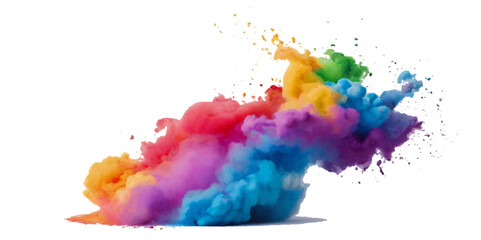 Vector colorful vibrant rainbow, smoke and cloud holi paint color powder explosion with bright colors isolated  on transparent background. Multicolored explosion of rainbow powder paint holi festival 