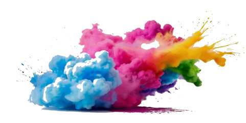 Multicolored rainbow explosion of cloud powder paint holi decoration isolated on transparent background. Vector abstract colorful rainbow holi paint festival background.