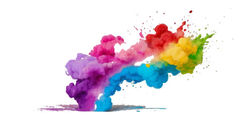 Multicolored rainbow explosion of cloud powder paint holi decoration isolated on transparent background. Vector abstract colorful rainbow holi paint festival background.