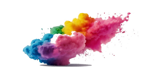 Multicolored rainbow explosion of cloud powder paint holi decoration isolated on transparent background. Vector abstract colorful rainbow holi paint festival background.
