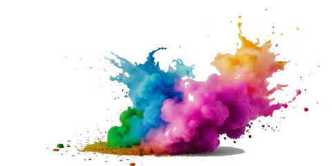 Multicolored rainbow explosion of cloud powder paint holi decoration isolated on transparent background. Vector abstract colorful rainbow holi paint festival background.