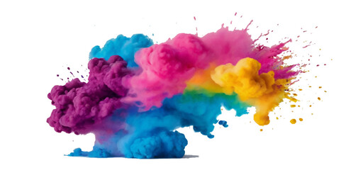 Multicolored rainbow explosion of cloud powder paint holi decoration isolated on transparent background. Vector abstract colorful rainbow holi paint festival background.