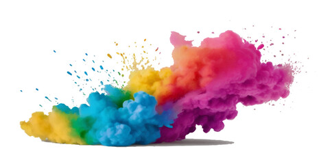 Multicolored rainbow explosion of cloud powder paint holi decoration isolated on transparent background. Vector abstract colorful rainbow holi paint festival background.