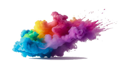Multicolored rainbow explosion of cloud powder paint holi decoration isolated on transparent background. Vector abstract colorful rainbow holi paint festival background.