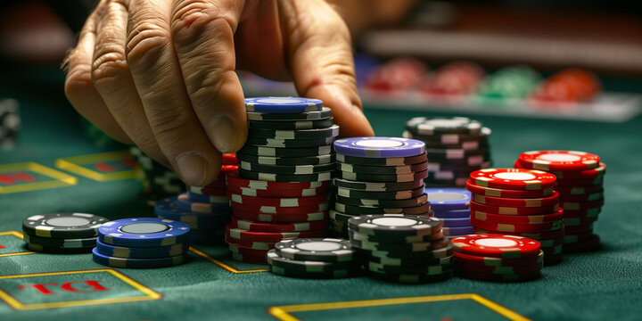 A man's hand hold a stack of poker chips at a casino table, depicting a poker game concept.
