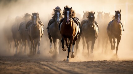 Dust kicks up behind a pack of Thoroughbreds as they gallop neck and neck down the home stretch, each horse striving for the lead. - obrazy, fototapety, plakaty